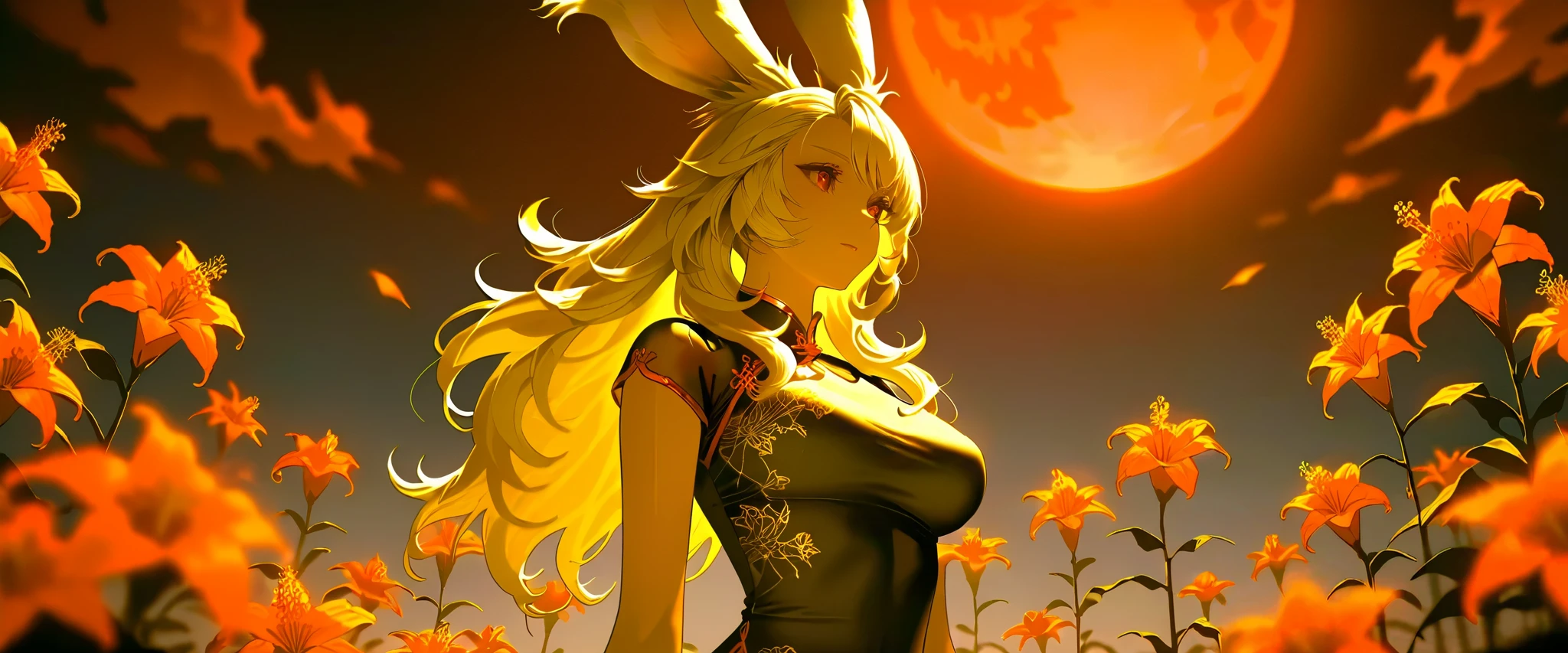 SFW, Final Fantasy Style , Takahashi Kazunari's masterpiece, depiction of faces expressed in great detail, Detailed Eyes 、Detailed faces、Hair drawn down to the smallest detail 、Solo Female Viera , beautiful , 32K, enchantment, masterpiece, top quality, , , blonde poop, long hair , (A woman in a transparent Chinese dress, ), Fantastic, soft focus, moonlit night, red moon, (bright red cluster amaryllis blooming all around:1.4).