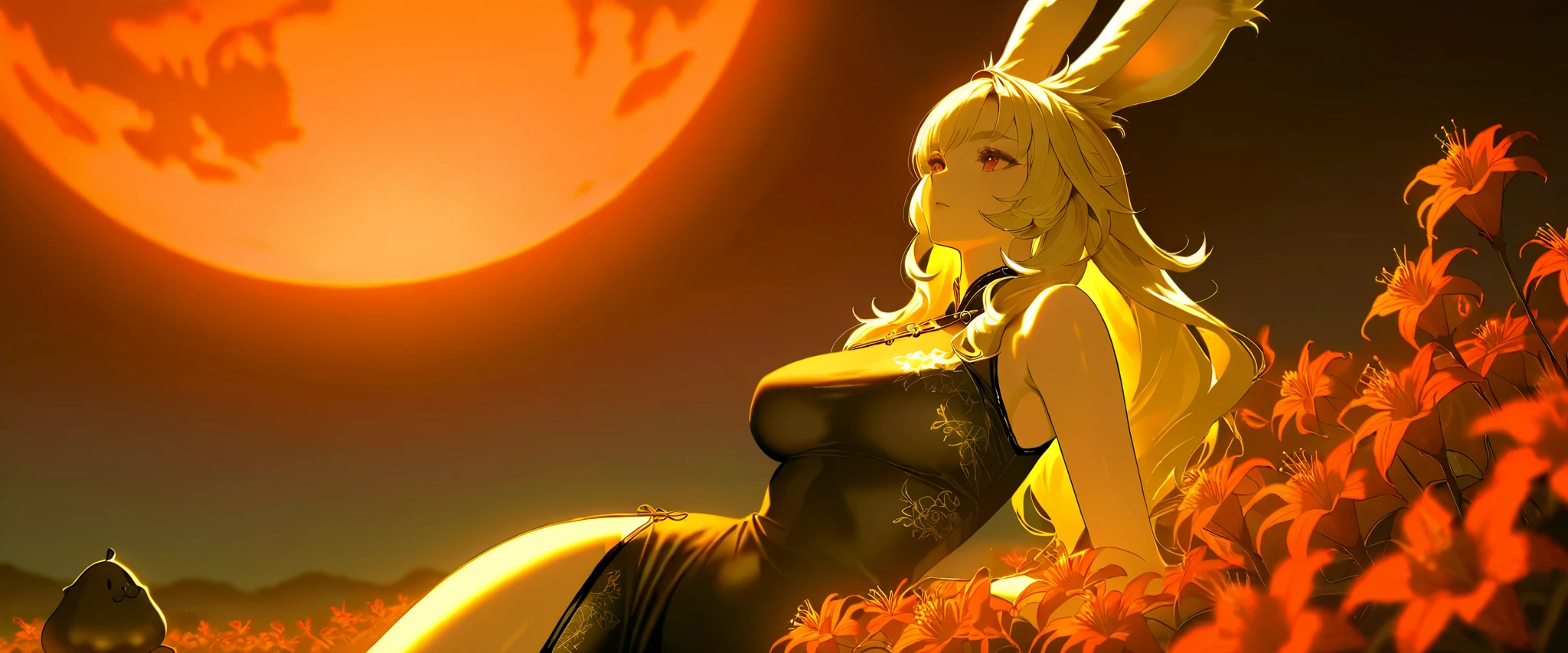 SFW, Final Fantasy Style , Takahashi Kazunari's masterpiece, depiction of faces expressed in great detail, Detailed Eyes 、Detailed faces、Hair drawn down to the smallest detail 、Solo Female Viera , beautiful , 32K, enchantment, masterpiece, top quality, , , blonde poop, long hair , (A woman in a transparent Chinese dress, ), Fantastic, soft focus, moonlit night, red moon, (bright red cluster amaryllis blooming all around:1.4).