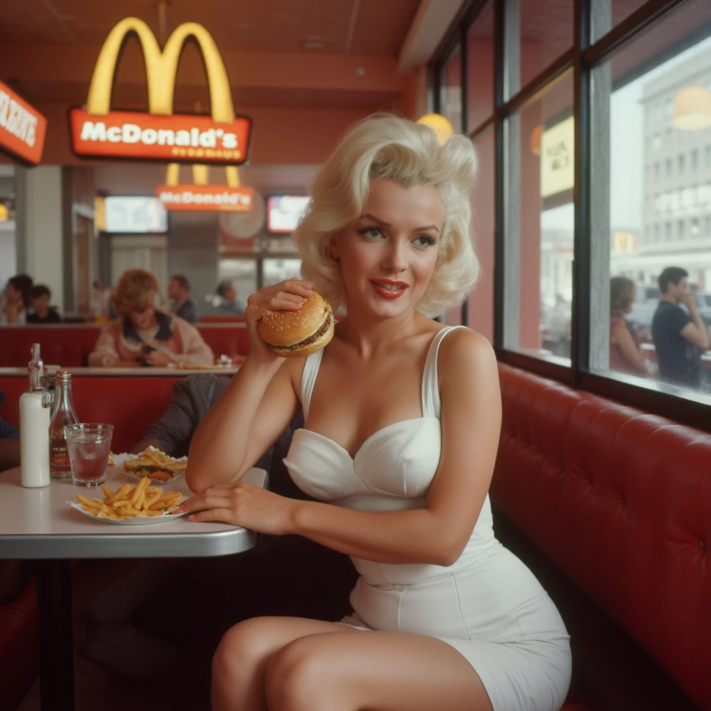 60's retro-futuristic 1 woman, Photograph of a beautiful sexy and blonde hair swedish in colourful outfit, holding a BIG Milkshake in her hand, not looking at camera, looking at the milkshake smiling. Hyper realistic Face. (((In a sixties American pop art, dining setting))). Soft cartoon style. Wide Angle shot. long blonde hair 40k, photography, masterpiece, best quality, wes anderson style, pirelli calendar style, (1girl blue eyes and blonde hair long wavey, Margot Robbie's face), small breasts, assorted poses.