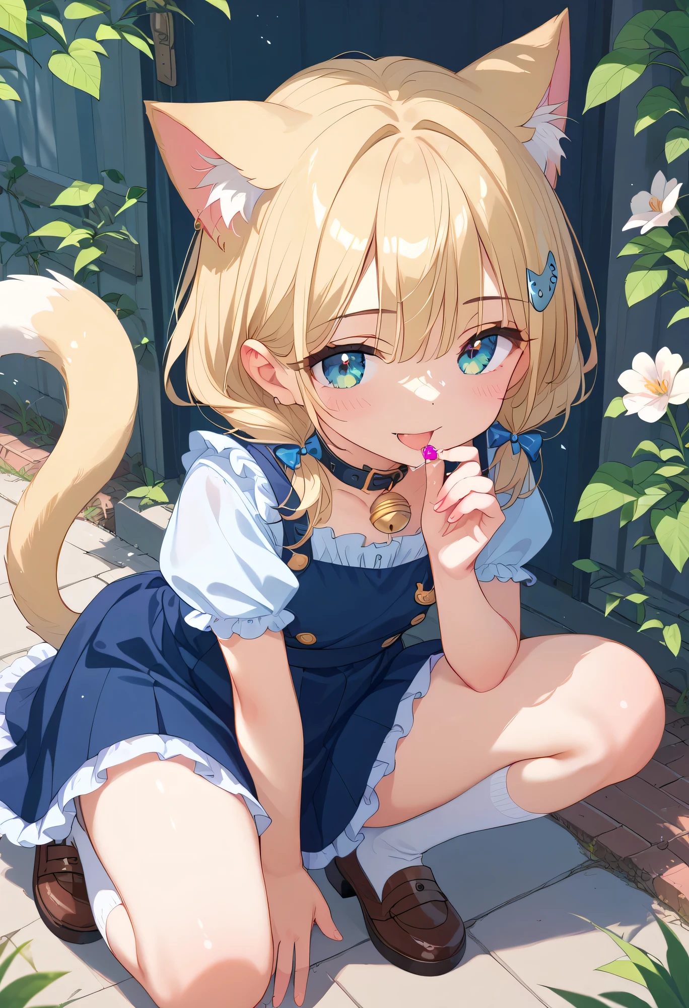 Highest quality、High Resolution、(high image quality:1.2)、masterpiece、detailed background、age beauty、 detailed expressions 、detailed eyes、anatomically correct、
A warm and gentle moment like a page in a picture book、A park with soft afternoon sunlight pouring down、(A crouches and gently pats the fluffy cat:1.5)、Cats squint comfortably and purr、girl has a pure smile and her coat swings softly every time she moves her hands softly、Her pastel-colored gingham check skirt flutters softly as the wind blows、A small ribbon tied to the collar of a white blouse swings、Strappy shoes with flower embroidery at their feet、A hairpin with a cat motif is fastened to her hair and the small pochette is swaying This、The surroundings are birds' chirping and gentle sound of the wind、cute