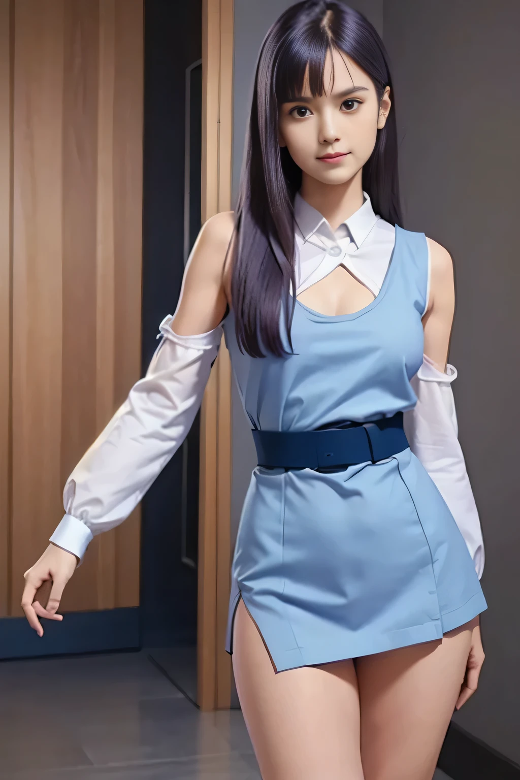 ( masterpiece, top quality, perfect anatomy, Hi-Res, 8k, natural skin texture, without makeup:1.2), 1 girl, Japanese, female student, in a super cute , have smiling faces, ( Small breasts:1.2), (perfect figure1.2), and intimate , (Ultra Real: 1.4), RAW photos , realistic skin, very detailed, perfect anatomy, very detailed skin, Physically Based Rendering, double eyelid , droopy eyes , innocent face, Cute Poses , ((( very small breasts: 1.4))), ((clear areolas that are light brown)), ( small ass),( slender body, small) cute face, (((Lou Luca, Light purple long hair, white shirt, navy blue non-sleeve shirt, Light blue dress, Light blue miniskirt , navy blue stockings, navy blue belt, Shoulder exposed))) ,Light purple long hair, navy blue stockings