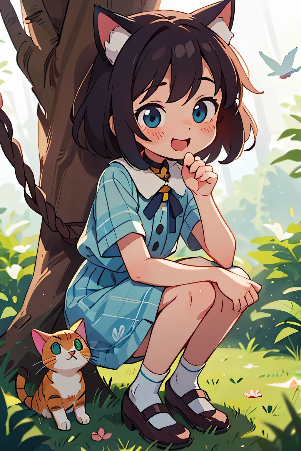 Cat-eared girl sitting on bench with cat and butterfly