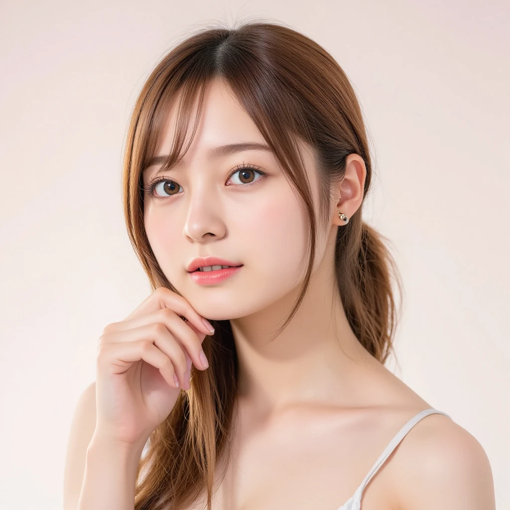 (((Ultimate beauty portrait)))、((Glowing Skin))、One Girl、Beautiful 15 year old Japanese girl、Bright expression、((Brown Hair))、(Cleavage)、(Mini Cart:1.5)、((Big eyes that shine like jewels))、Open the clothes、pantyhose、Glowing Skin、(Medium Hair)、(Smooth ponytail hair)、(Are standing)、(From below)、Under the skirt、(From below下着のクローズアップ)、eyeliner、Beautiful Bangs、Hair between the eyeasterpiece、最high quality、Super detailed、Film Light、fine、High resolution、Very detailed))、Detailed Background、8 Commercial Code、Digital SLR、Soft Light、high quality、Film Grain、Shallow depth field、Natural soft light、Sexy open-necked clothing、Belly button、Small breasts、Thin fabric camisole、Upper body portrait from the knees up