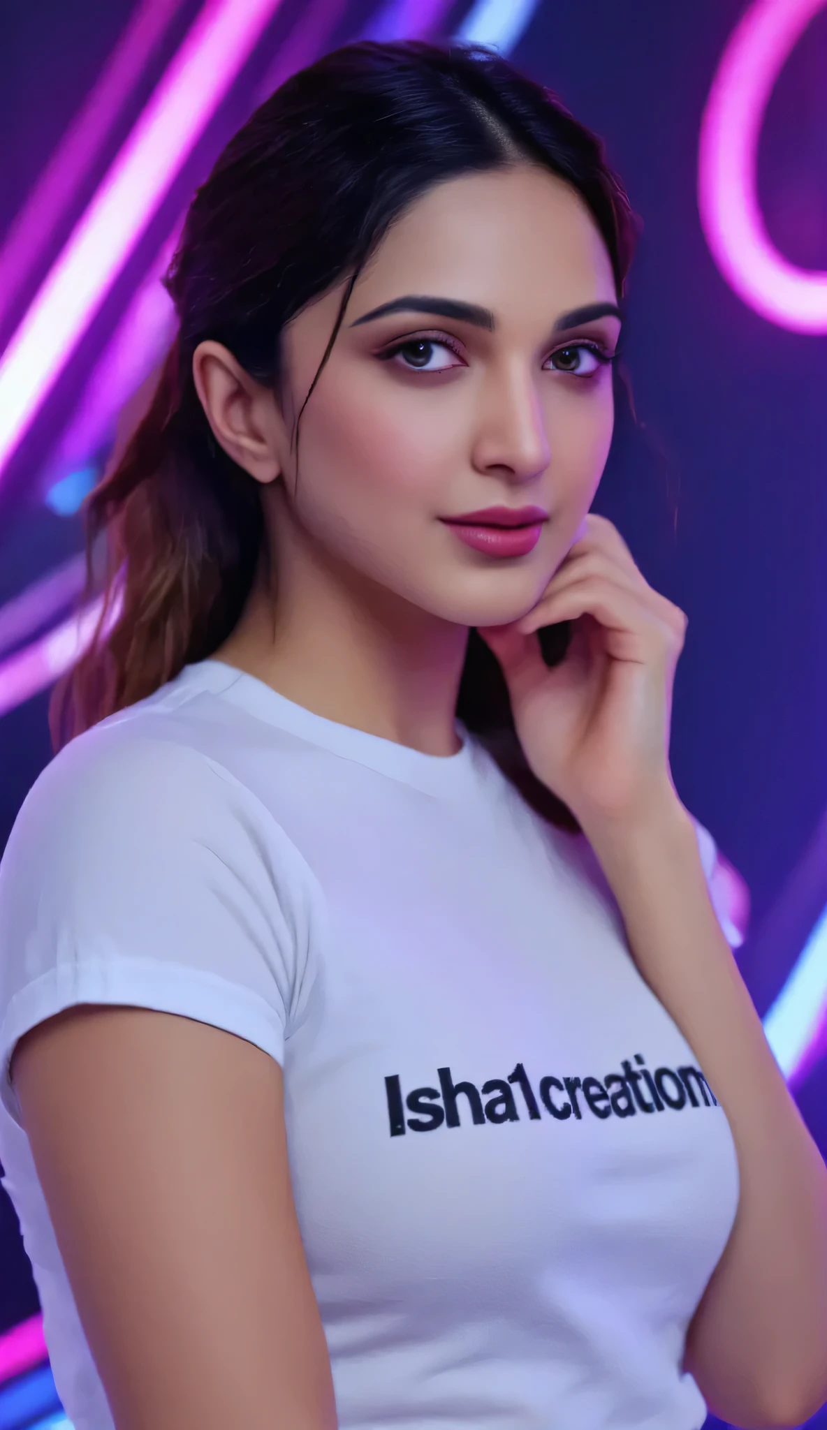 **Prompt:**
"A highly realistic and HD image of a stunning female model resembling Deepika Padukone, posing confidently in a professional studio setup designed for social media reels. She is wearing a stylish White t-shirt with 'Isha1creations' written in bold, modern font. The background is illuminated with vibrant neon lights, creating a dynamic and trendy studio ambiance. The lighting perfectly enhances the model’s flawless features, giving a premium and captivating look. The overall composition is sleek, professional, and visually striking, ideal for high-quality branding and promotional content."