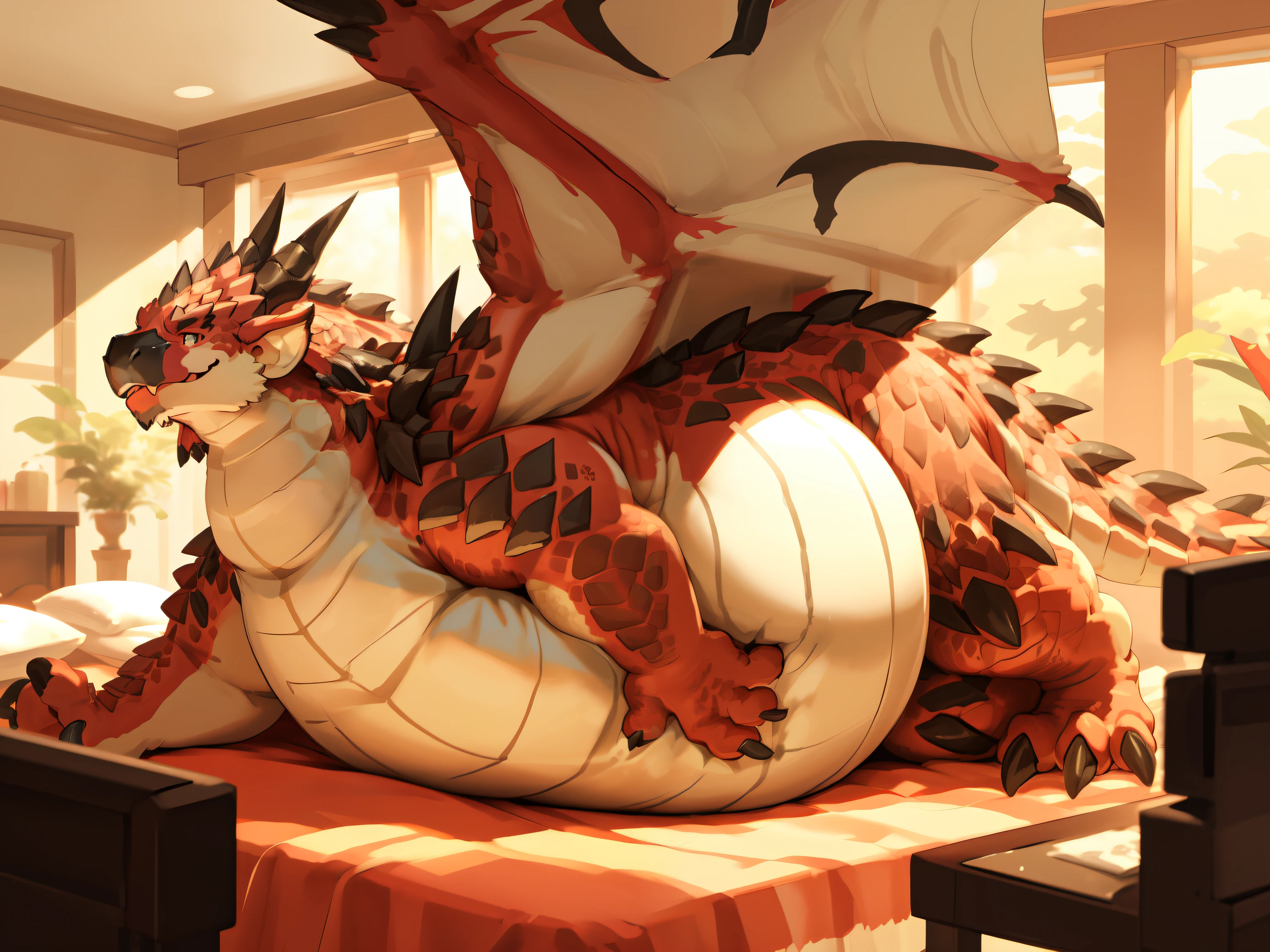 (((detailed eyes, detailed face))), (feral, rathalos, arms), male, (plump),(inflated belly) laying on bed,sitting ,underside of feet showing, smile, no arms, (konzaburou, ukan_muri, cute), bedroom, soft bed, seductive, (soft shading), 8k, UHD, masterpiece, realistic, digitigrade legs, realism、Legendary creatures、Giant monsterountain of fat、The body is buried due to fat、The stomach is triangular、ginormous belly twice its size、Extreme obesity、very thick fat、Stomach like a giant balance ball、swollen gut, detailed eyes、loose belly、very very small face、head smaller than neck、old face、Thick and short thighs、very short leg、fatty cheek、huge long torso、large wings、thick neck、fat neck、sharp nails、feet covered in fat、scales that cover the whole body、thick and long tail、sharp white fangs、thick twisted corners、belly sticking up, stomach is large like a blimp, dragon is full of water, looks like its going to pop. big belly, even bigger, bigger, huge stomach, really fat, belly taking up the whole image, extremely fat, obese, sensual, hyper inflation, sideways rathalos, lying on side, sideways pose
