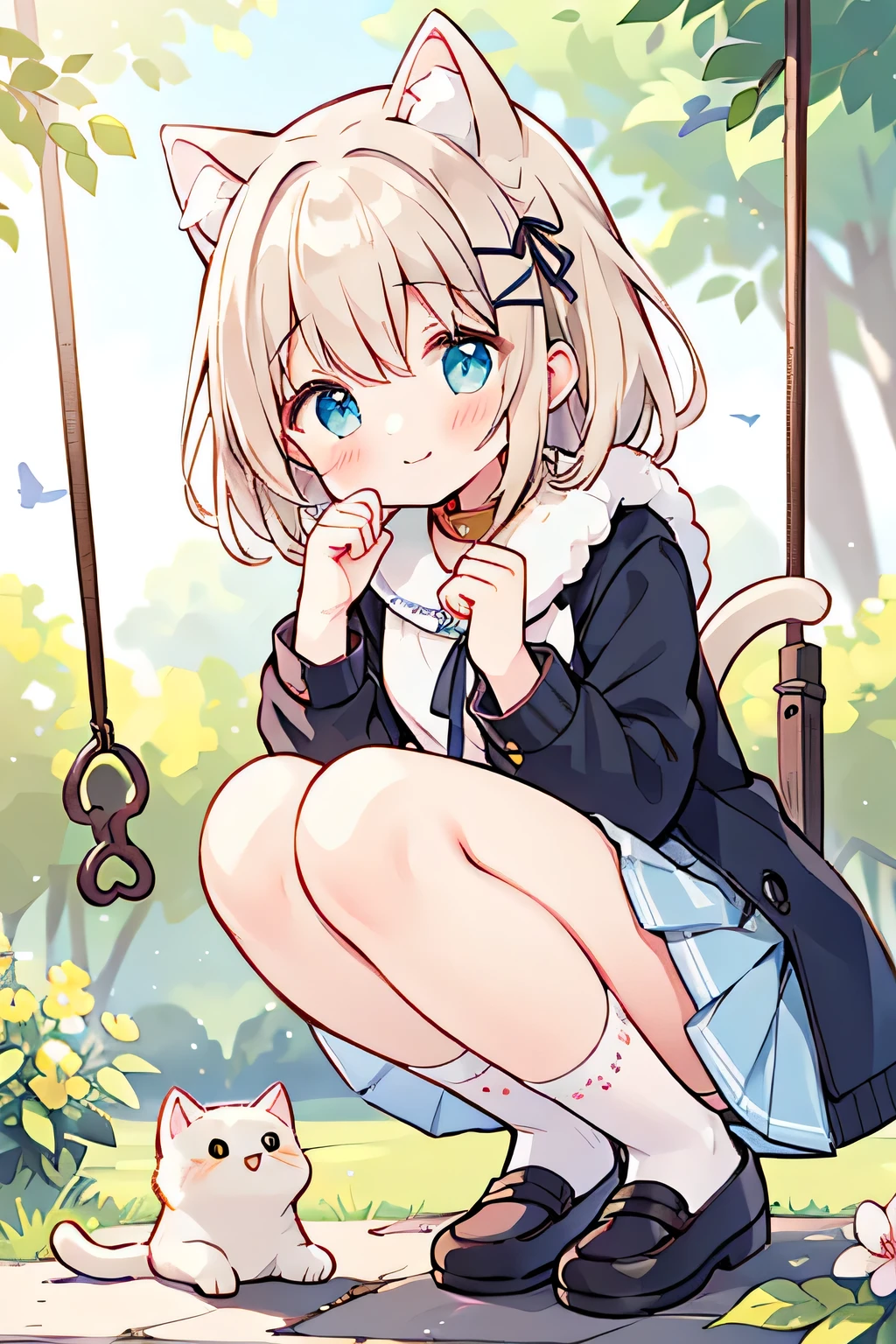 Highest quality、High Resolution、(high image quality:1.2)、masterpiece、detailed background、age beauty、 detailed expressions 、detailed eyes、anatomically correct、Normal number of fingers、 big smile 、とてもcute、A warm and gentle moment like a page in a picture book、A park with soft afternoon sunlight pouring down、(Two s are gently stroking a crouching and fluffy cat:1.5)、Cats squint comfortably and purr、girl has a pure smile and her coat swings softly every time she moves her hands softly、when the wind blows, her pastel-colored gingham check skirt flutters softly、A small ribbon tied to the collar of a white blouse swings、Strappy shoes with flower embroidery at their feet、A hairpin with a cat motif is fastened to her hair and the small pochette is swaying This、The surroundings are birds' chirping and gentle sound of the wind、cute