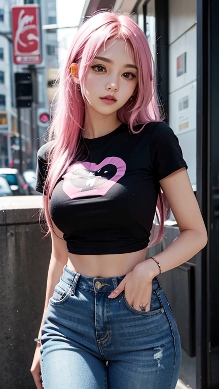 Beautiful pink hair girl is shown to have a sexy figure, she is wearing a nsfw crop tshirt and jeans, choker, happy look, blue eyes, girl walking down a street ,sexy session, sexy pose, cowboy shot, superior quality, many details, realistic