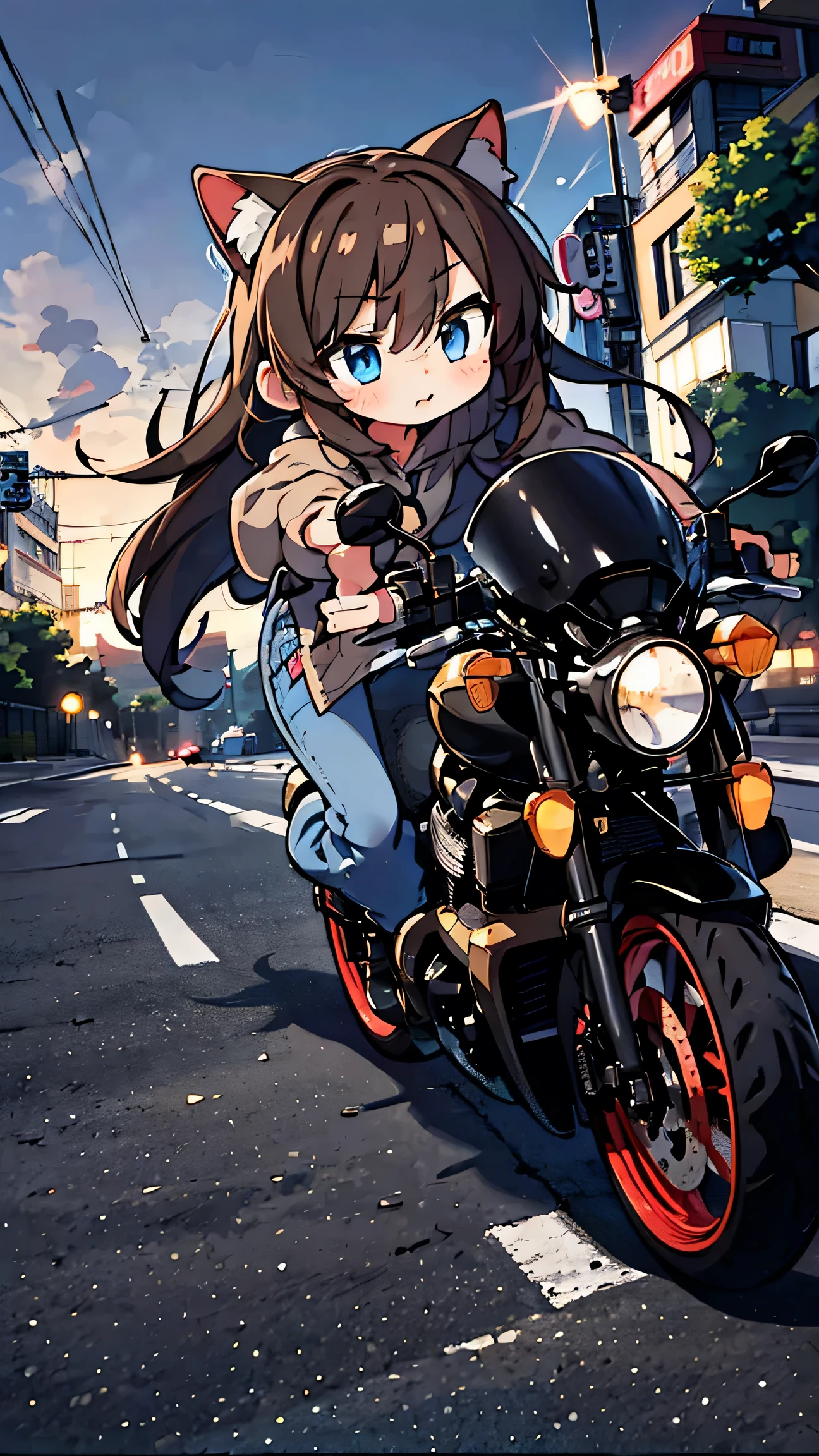 Anime Style、 cute face、 girls on the left、Fox Ears、brown hair、 blue eyes、long hair、 beige hoodie 、jeans、 drive a motorcycle 、While driving on a motorcycle、Sense of acceleration 、Sprint、Smoke from tires、cornering