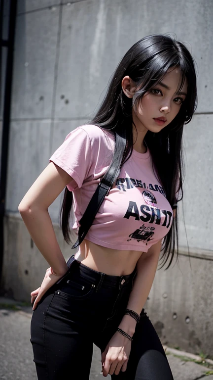 High quality full image, colored, interesting concept, black color background, image for t-shirt design, an anime illustration of a gorgeous sexy Japanese Harajuku girl in pin up style. extreme detailed, this image are made to be printed on a t-shirt.