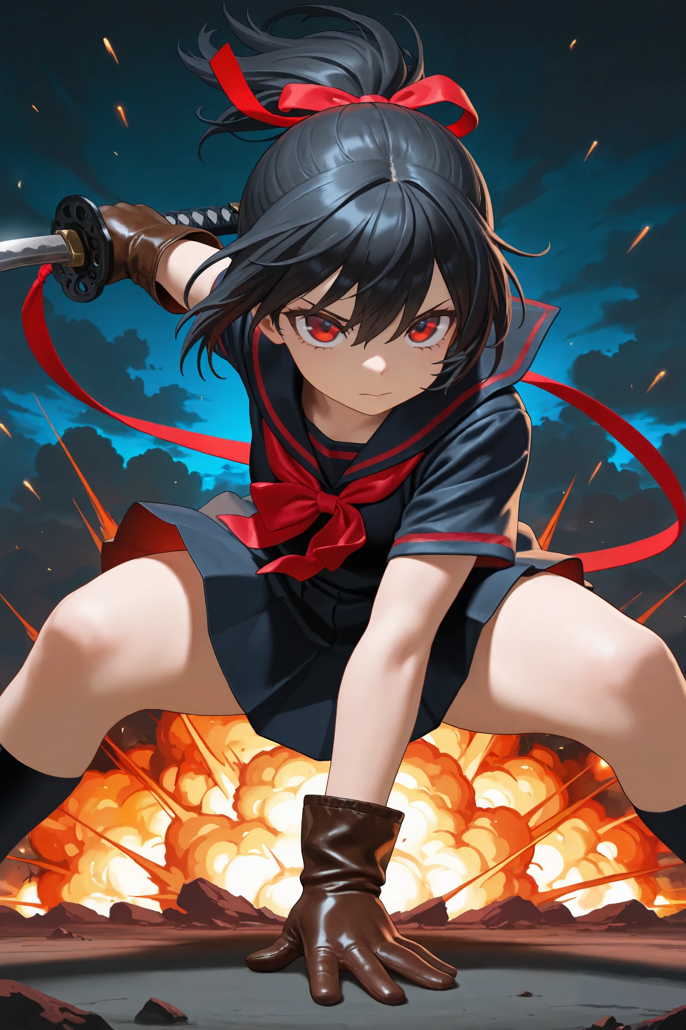 masterpiece, best quality, amazing quality, front view, 1girl, solo, short hair, black hair, ponytail hair with red ribbon, red eyes, black and red sailor uniform, short sleeve, (leather gloves), superhero landing pose, holding weapon, katana, (wind),explosion background, (amazing background), highres, absurdres