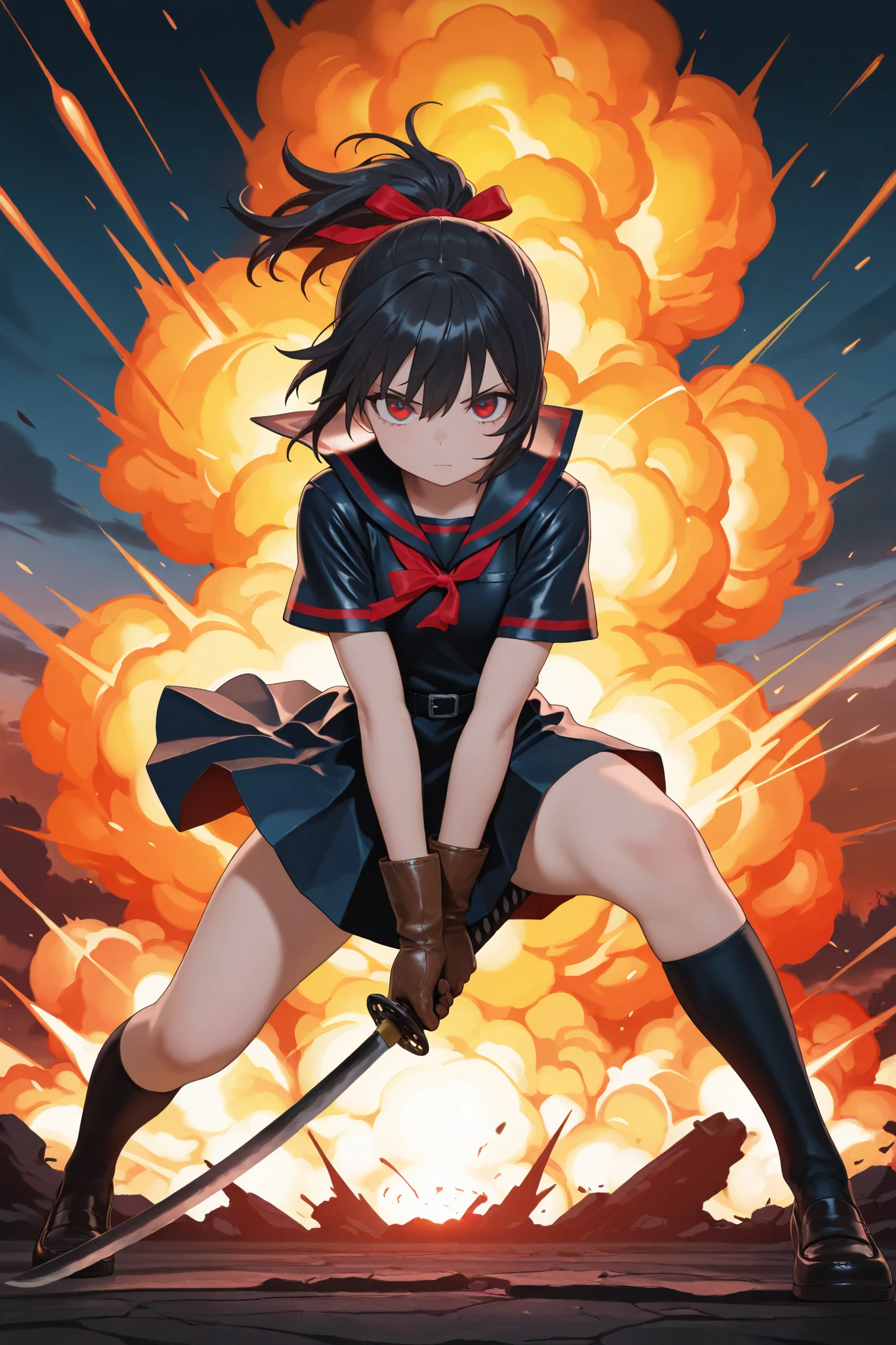 masterpiece, best quality, amazing quality, front view, 1girl, solo, short hair, black hair, ponytail hair with red ribbon, red eyes, black and red sailor uniform, short sleeve, (leather gloves), superhero landing pose, (holding weapon, katana), wind,explosion background, (amazing background), highres, absurdres