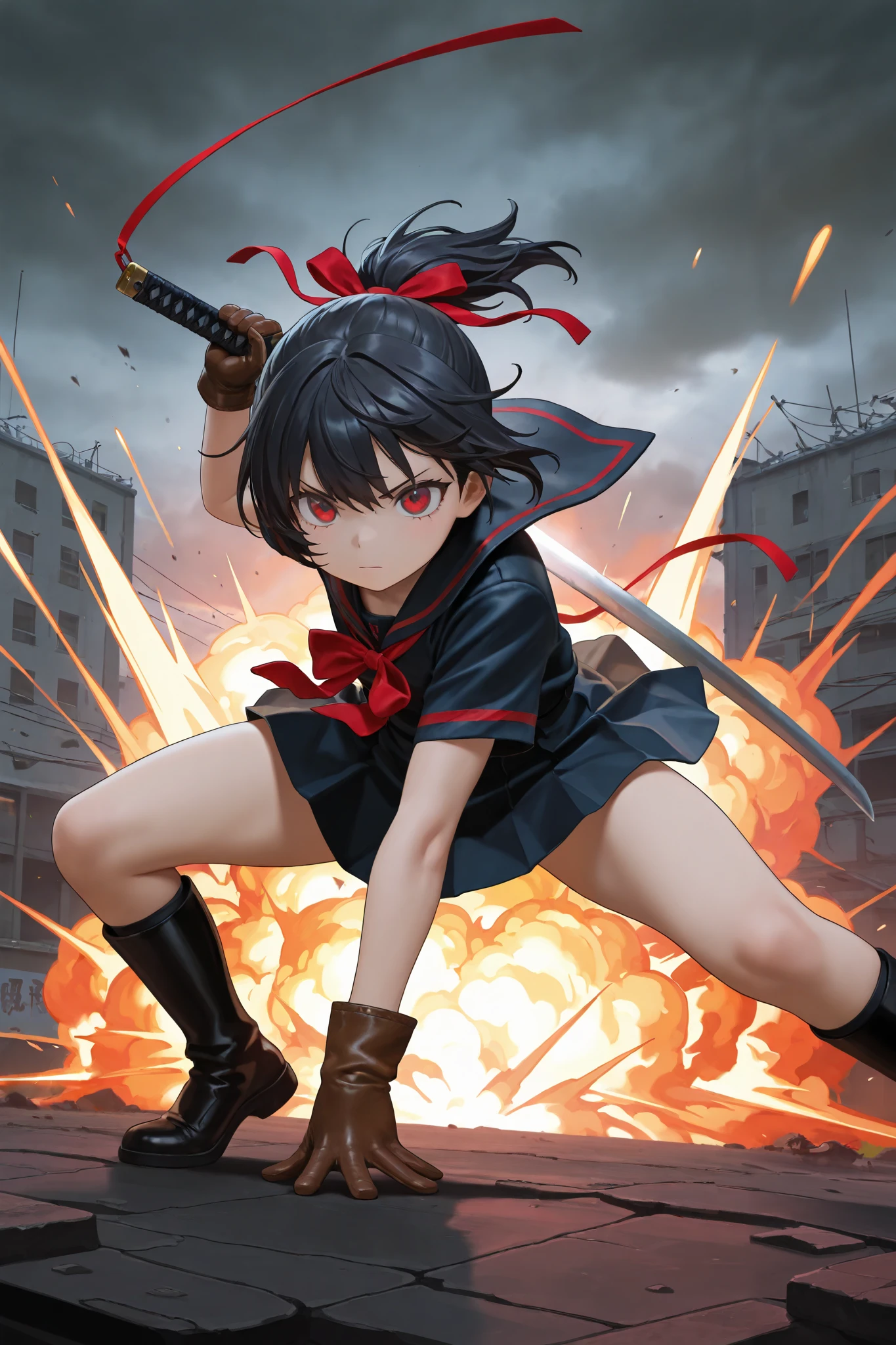masterpiece, best quality, amazing quality, front view, 1girl, solo, short hair, black hair, ponytail hair with red ribbon, red eyes, black and red sailor uniform, short sleeve, (leather gloves), superhero landing pose, (holding weapon, katana), wind,explosion background, (amazing background), highres, absurdres