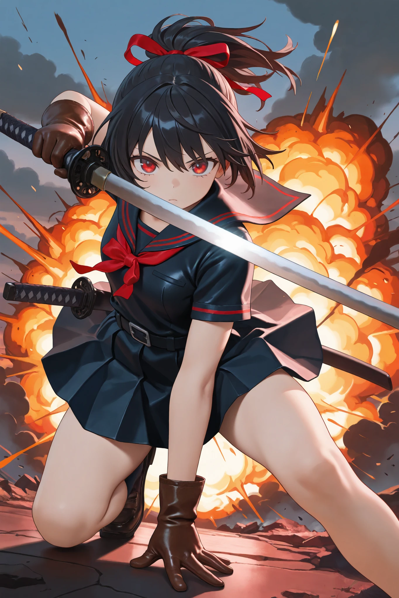 masterpiece, best quality, amazing quality, front view, 1girl, solo, short hair, black hair, ponytail hair with red ribbon, red eyes, black and red sailor uniform, short sleeve, (leather gloves), superhero landing pose, (holding weapon, katana), wind,explosion background, (amazing background), highres, absurdres