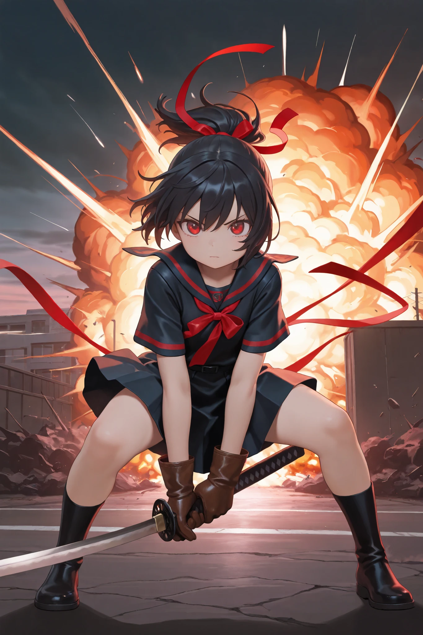 masterpiece, best quality, amazing quality, front view, 1girl, solo, short hair, black hair, ponytail hair with red ribbon, red eyes, black and red sailor uniform, short sleeve, (leather gloves), superhero landing pose, holding weapon, katana, wind,explosion background, (amazing background), highres, absurdres