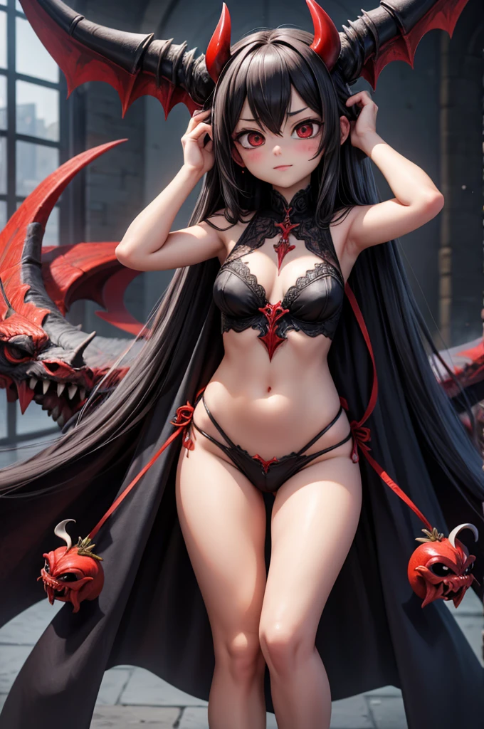 A black and red dragon girl with four horns on her head was spreading her wings, looking formidable and fierce.