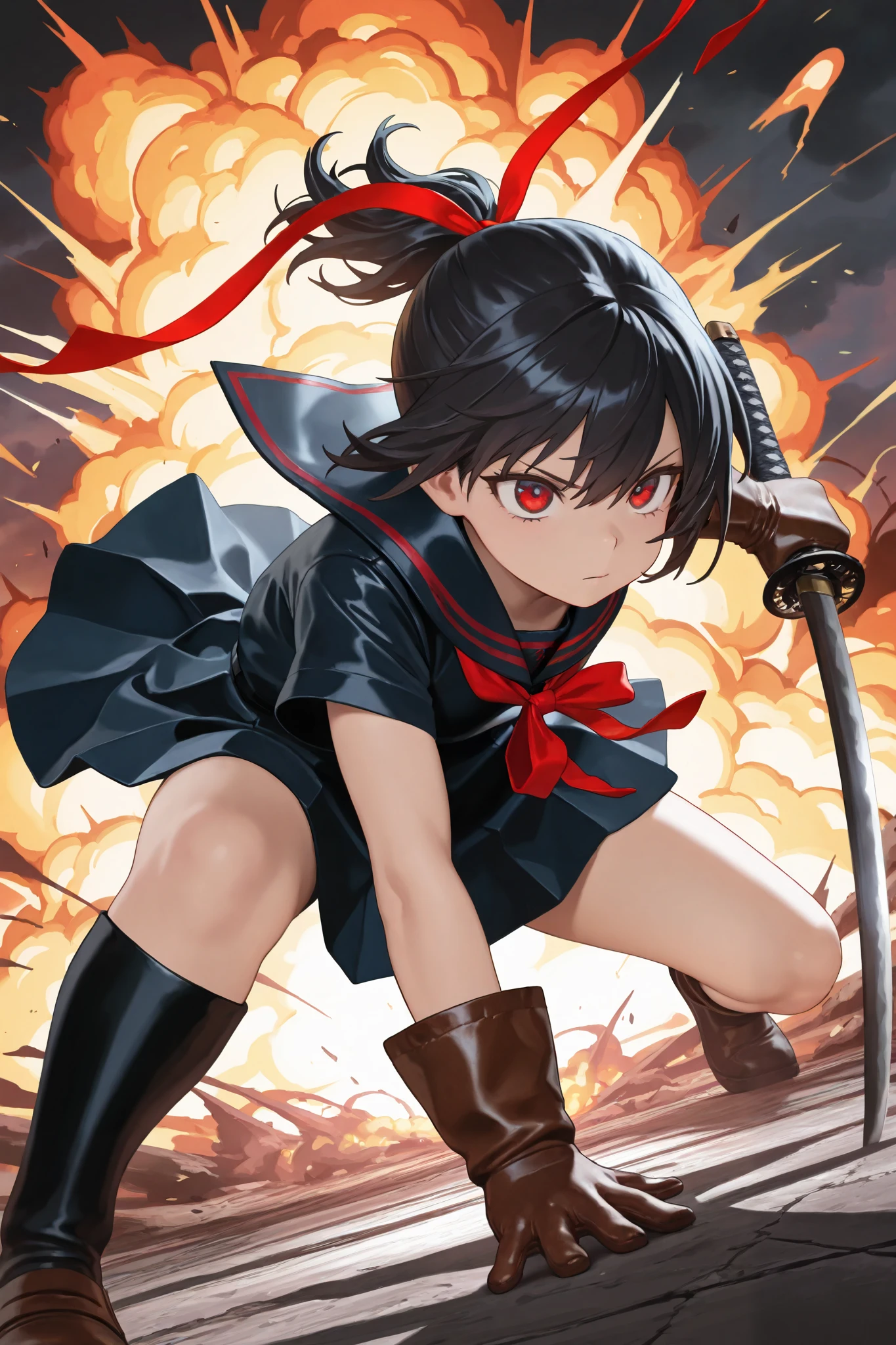 masterpiece, best quality, amazing quality, front view, dutch angle, 1girl, solo, short hair, black hair, ponytail hair with red ribbon, red eyes, black and red sailor uniform, short sleeve, (leather gloves), superhero landing pose, holding weapon, katana, (wind),explosion background, (amazing background), highres, absurdres