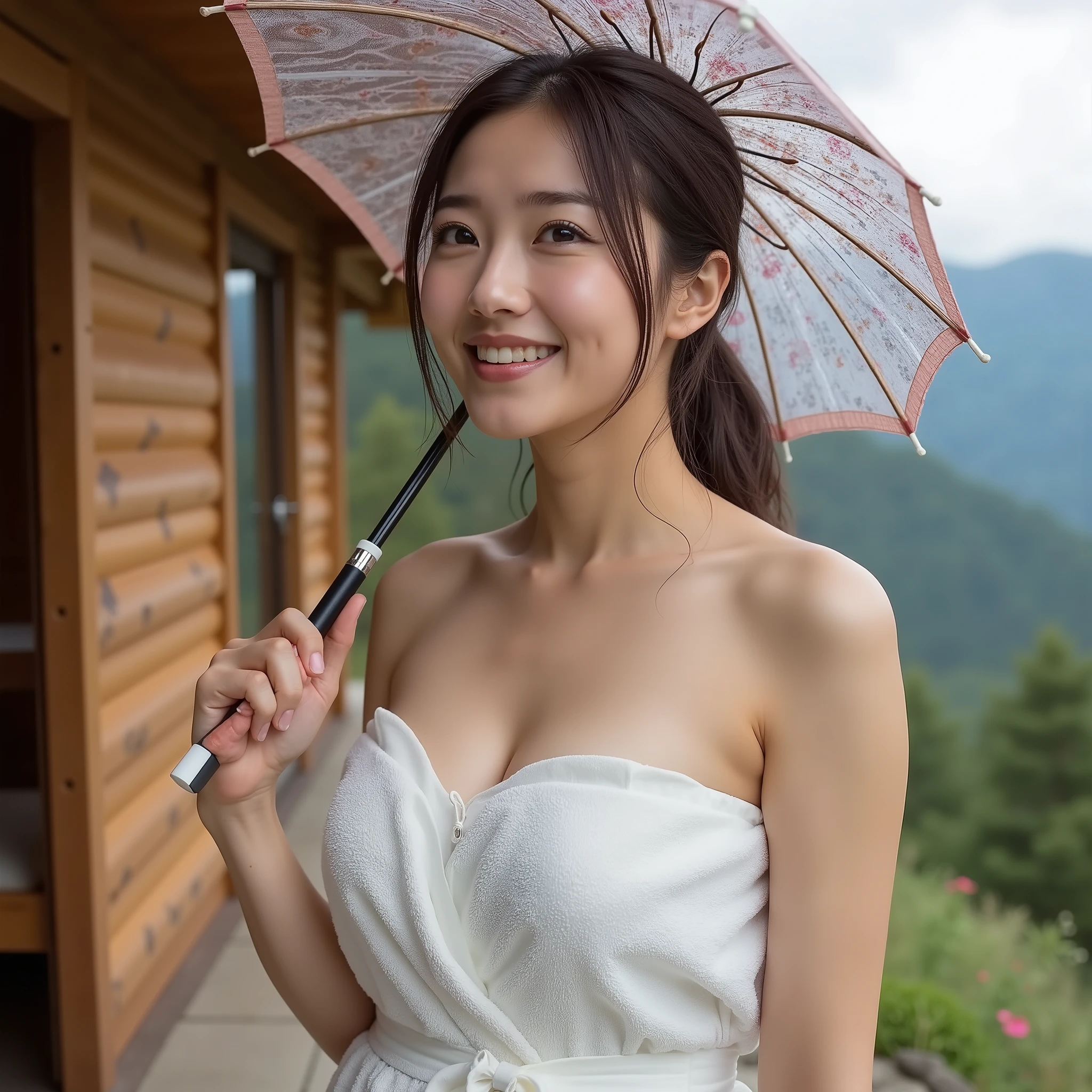 『1 Japanese girl:1.3』『real photo:1.3』Highest quality:1.2、((big breasts、slender figure))、slightly visible cleavage、(( 40 year old woman))、 has red cheeks『showing her teeth and smiling:1.9』、(((anatomically correct、perfect anatomy、anatomically correct指)))、realistic, Highest quality, Ultra High Definition, RAW photo, (Curvy body)、masterpiece)、(Highest quality:1.4)、absurd、[:複雑な詳細:0.2]、1 woman with an umbrella、(nude towel)、([spring、spa:1.2)、moisturized skin、(、[ Pintang、 glowing skin]、(部分的にspaにsoaked:1.2)、(soaked)hair:1.2)、Outside was a mountain hut、wooden sauna、full body shot