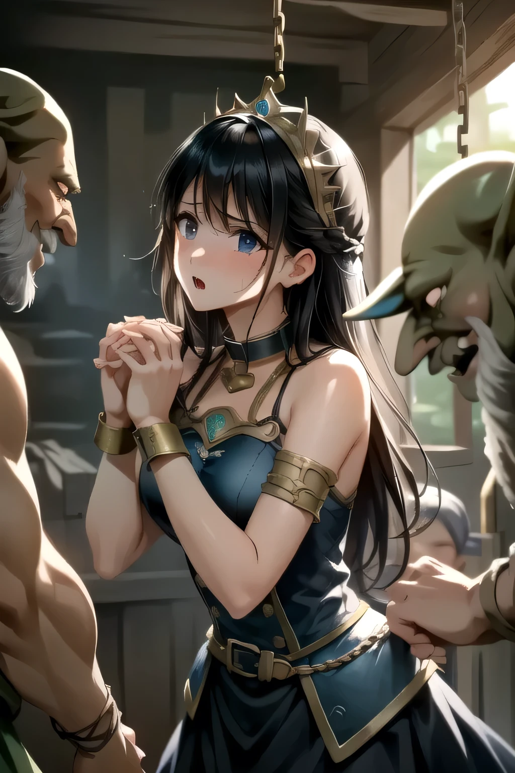 、( masterpiece、 top quality 、 Ultra High Definition )、( perfect face 、 beautiful faces、 beautiful eyes)、( comics、 manga 、story)、armor、 flower headdress with death spots 、Ruins、 Imprisonment、Prisoner、Battle with Goblins 、 goblins attack women 、 goblin captures human woman with hands bound by iron chains 、 Goblin hugs a human woman whose hands are bound by iron chains 、 women hate it 、 crying woman 、((( two guys getting creampied、 female 1 person,))、 Pig Man Touches Woman、( side view)、see the viewer、ask for help、 collar 、Handcuffs、Iron Chains、Iron Chainsで手を縛られる