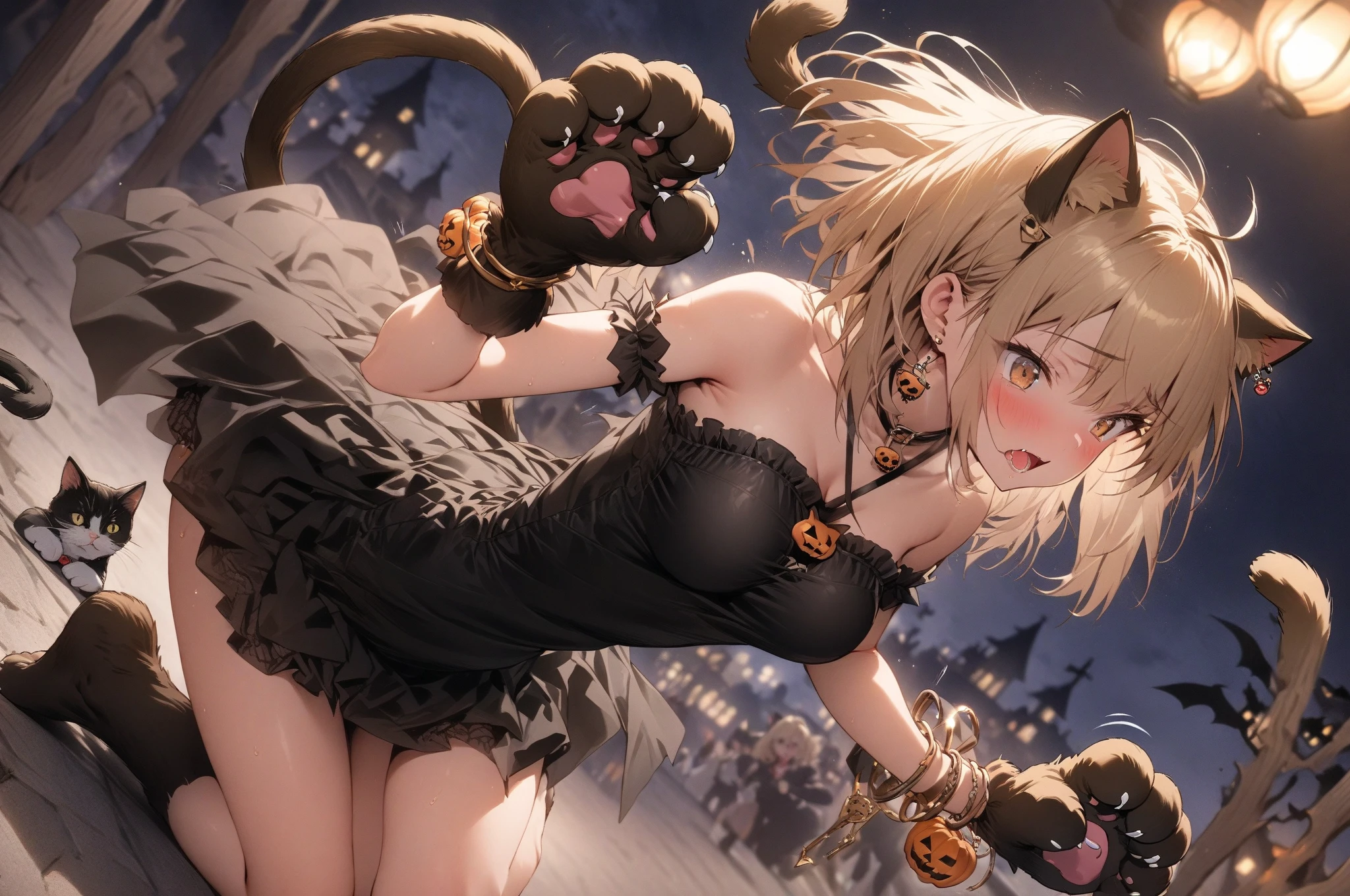 Fantasy, night, Dystopia, One Girl, young teen, Black gymnastics bloomers, High leg、School Shirt,whole body、Light blonde hair, Aquamarine Eyes, ?????, bracelet, hair ornaments, ((Shoulder-length hair, ponytail, bangs))、(Black gymnastics bloomers)+(White blouse with collar)、Cowboy Shot、solo、Umbilical cord、???? Belly, Thigh height、1 girl and 1 monster, Standing amongst a horde of evil monsters, The monster hugs the girl ???????????, The girl's clothes were torn, Browsing Caution, The girl is scared, Cinema Lighting, indirect lighting, fog, Depth of written boundary, Movie Scenes