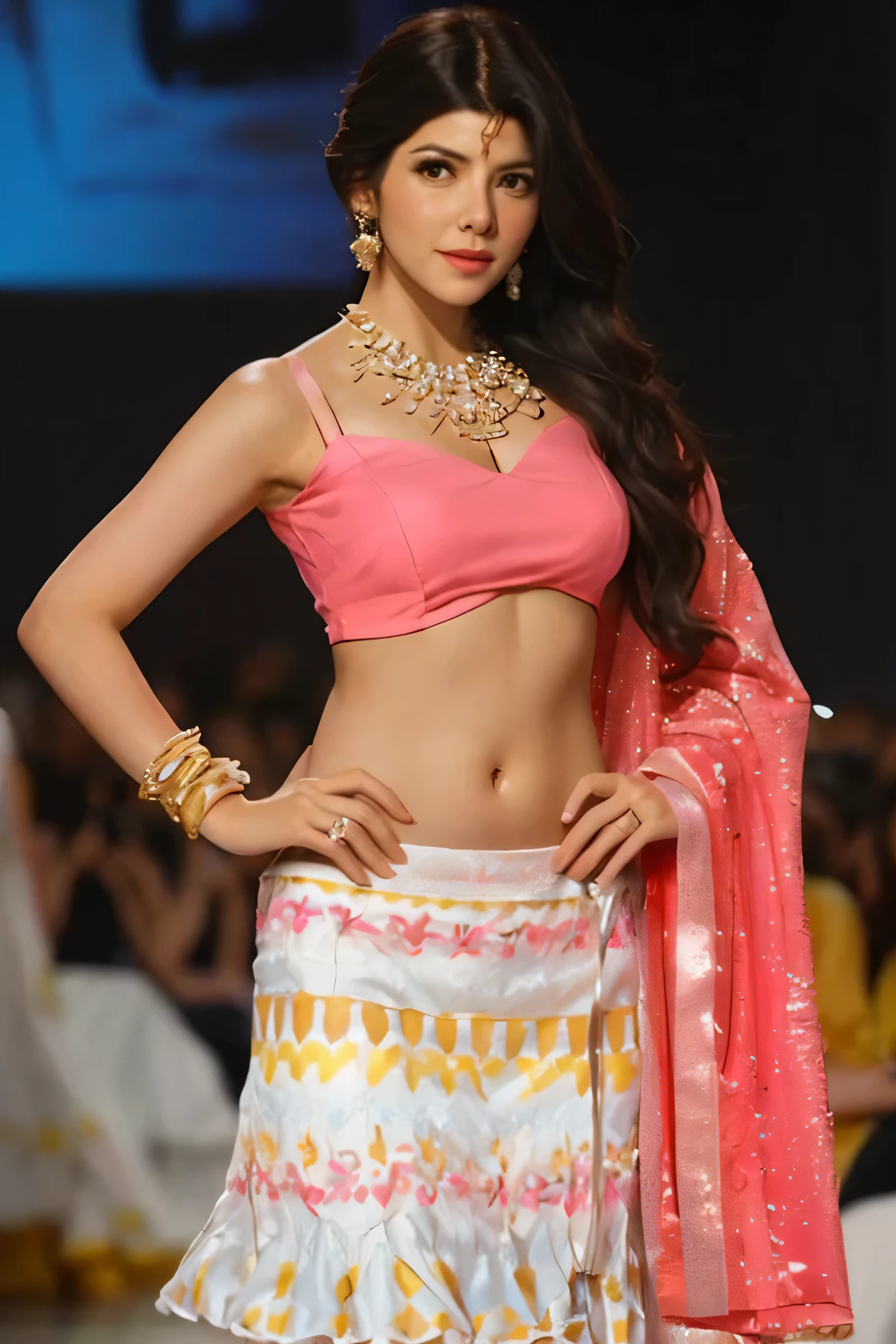 marisa tomei walks the ramp in a pink and white outfit, indian super model, very beautiful enga style, wearing crop top, gorgeous figure, candid photo, with lovely look, skinny waist and thick hips, wearing crop top and miniskirt, very attractive and beautiful, beautiful midriff, candid!! dark background, gorgeous woman, wearing beautiful clothes, wearing gorgeous clothing