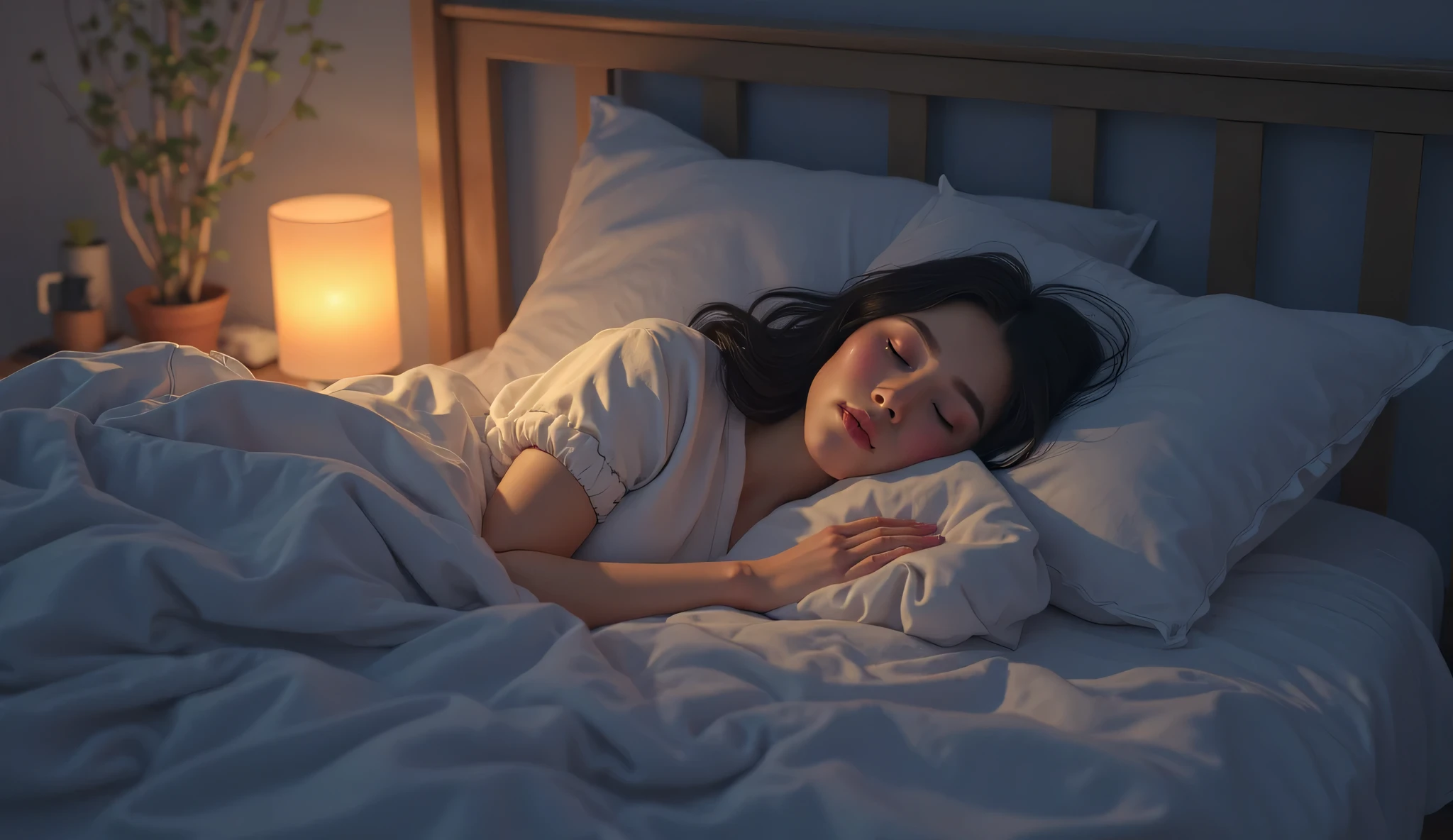 There is a woman sleeping in a bed with a white comforter - SeaArt AI