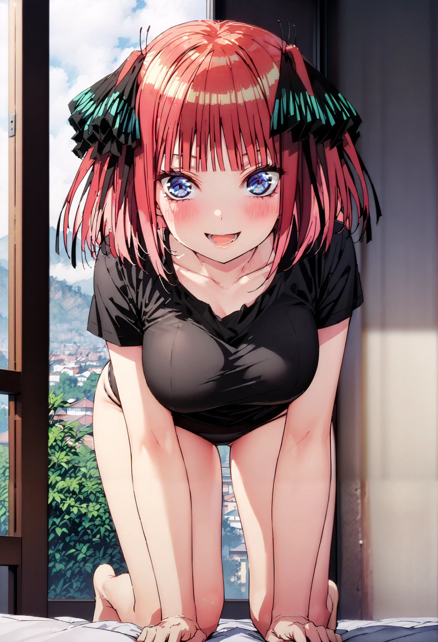 Nijino Nino , short hair, bangs, blue eyes, hair ornaments close to the garden, hair bow, pink hair, blunt bangs, two side up, butterfly hair ornaments close to the garden,smile,blush,opens her mouth,black string panties,Big Breasts, Chest Valley, are standing on all fours on the bed, down blouse that shifts the chest, loose tee black shirt,Bare legs, Interior , beautiful scenery,morning,Jiebing,so that the whole body is in the illustration, break indoors, bedroom,
break looking at viewer,
break (masterpiece:1.2),Highest quality , kampala, Unity 8K Wallpaper ,(shape:0.8),( fine, beautiful eyes :1.6),It's a person , full body photo,CG Details , (perfect hands, complete anatomy),