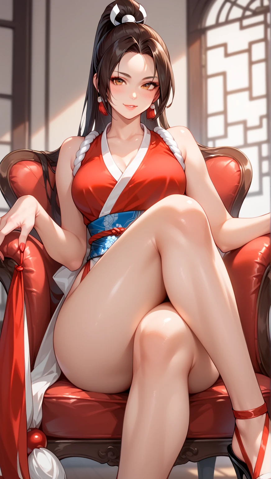 masterpiece, best quality, (realistic, 1girls, solo, beautiful face, detailed face, beautiful eyes), (breasts), thighs, long hair, ponytail, breasts contains, (red wear), bare shoulder, elbow gloves, skirt curtain, hand fan, full body