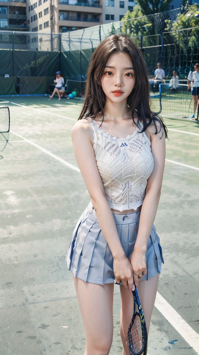 disorganized, RAW photo, very delicate and beautiful, masterpiece, highest quality, ultra high resolution, 16k, surreal, super detailed, perfect anatomy, super dense skin, perfect figure, Highly detailed CG 8k wallpaper, 20's, very slim body, tight waist, very small head, very small face, delicate facial features, tearful mole, earrings, thin legs, (very huge round breasts:1.2), (full body shot:1.1), (1 girl:1), short hair, (wavy hair:1.1), (tennis uniform:1.2), No sleeve, abdomen,