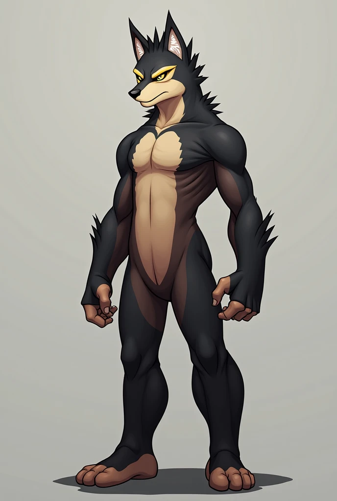 Furry, solo, anthro, cub, young, male, skulldog, yellow eyes, black fur, red stripes, dominant look, human cock, small cock, uncut cock, foreskin, balls, shaggy balls, reference sheet, ass, Chunie