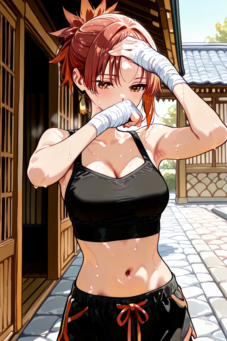 BEST QUALITY, ULTRA DETAILED, PERFECT ANATOMY, HIGH DEFINITION, INTRICATE DETAILS, ALONE, 1girl, , slender, medium breasts, reddish-brown eyes, short hair, red hair, casual ponytail. Outfit: black lycra shorts with red edges, black top with red edges, cleavage, bare shoulders, bandaged hands and wrists, exposed navel, running the back of her hand across her forehead, wiping away sweat, panting, sensual. Standing. Background: Japanese courtyard, outdoors.