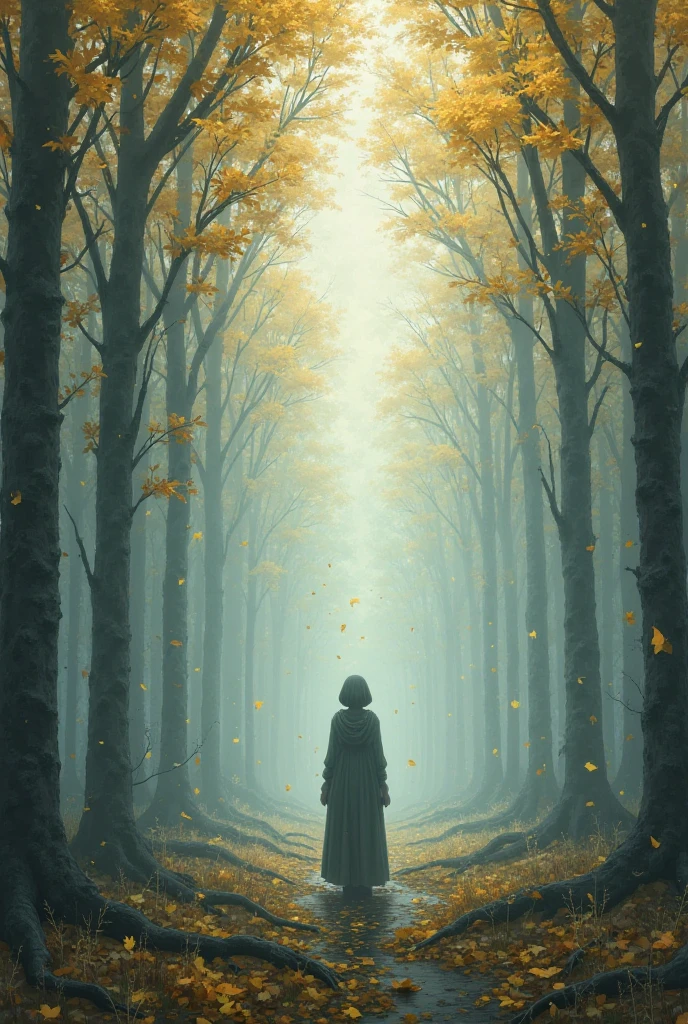 in the morning mist,of the reinforced forest had not fully awakened,was that condensed water,shook off a few yellow leaves,like a letter to the fall。