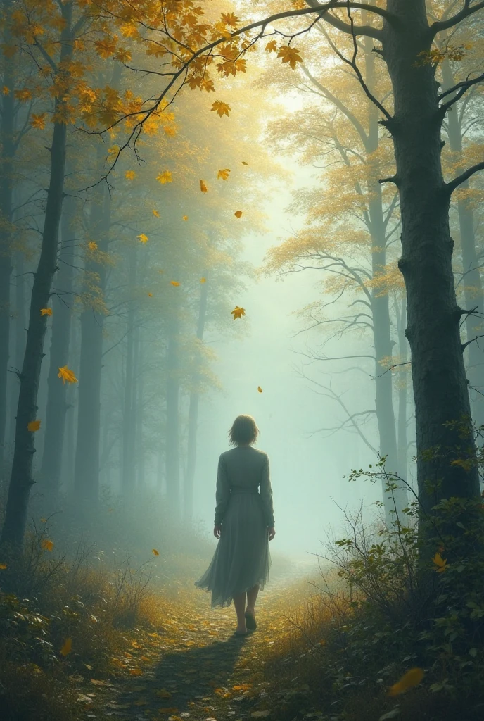 in the morning mist,of the reinforced forest had not fully awakened,was that condensed water,shook off a few yellow leaves,like a letter to the fall。