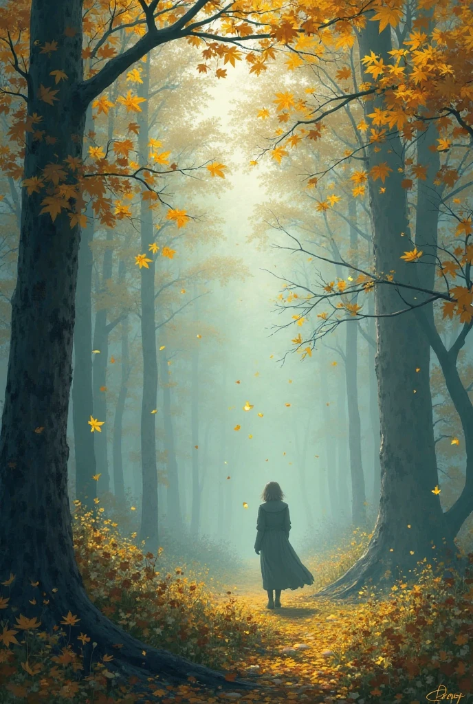 in the morning mist，of the reinforced forest had not fully awakened，was that condensed water，shook off a few yellow leaves，like a letter to the fall。