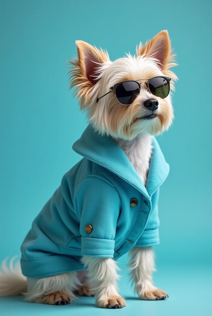 best mobile wallpaper，award - winning wallpaper，Photo photography，Front view of a cute dog，Dressed in mid-1960s space-age fashion，Side view photo，shot with Canon EOS R5，Set a strong contrast to make the subject stand out，Fluorescent blue，Wearing a very modern coat and sunglasses，It&#39;s a modern 1960s style，All clothes are one color，beatiful background