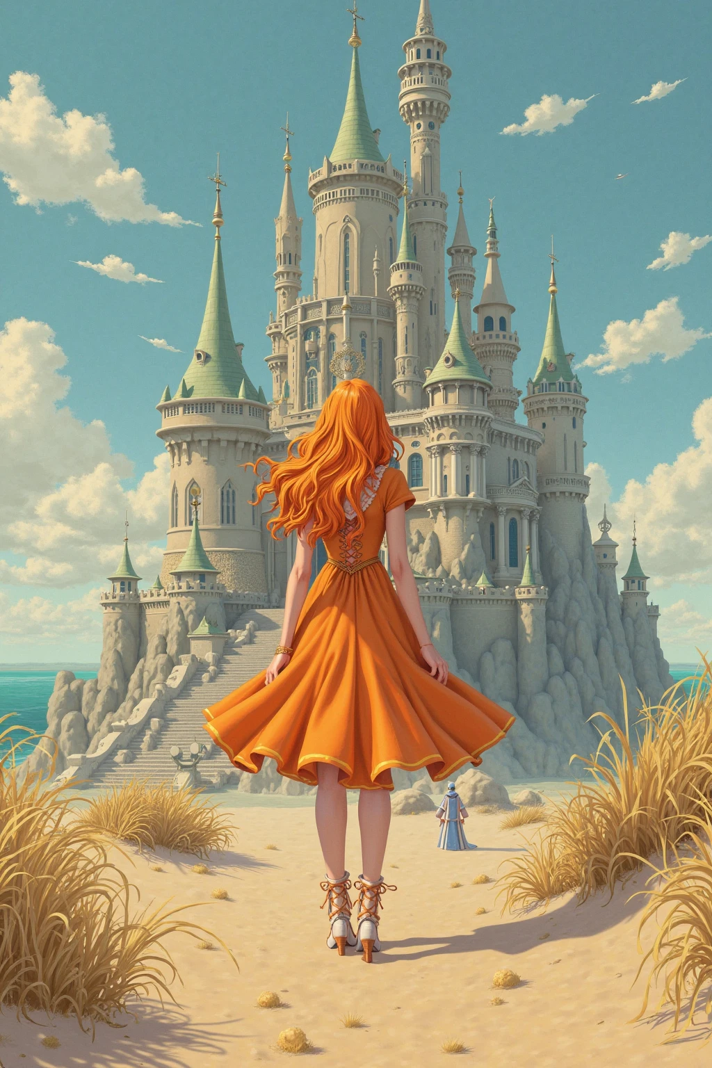 Masterpiece , best quality, Solitary, 1girl,   orange hair  ,  blue hair , :morality, orange dress, watching viewers, exteriors, sable, sable dunes,  huge castle , diadems, Permanent, full bodyesbian, denim lens, Hands at the waist, 