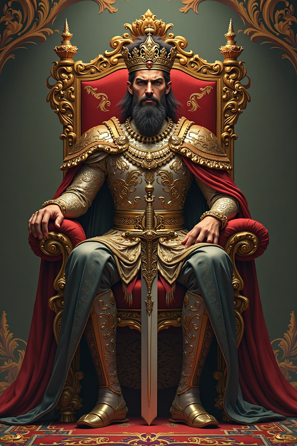 (Masterpiece , Masterpiece ), Tarot brand, brand, (exquisite facial features), Male emperor, diadems, The sword, seated on a throne , serious-expression, 8 thousand, intricate details, (digital art)