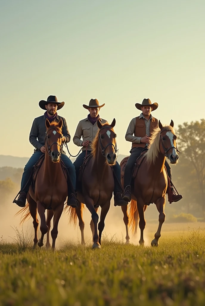 5 cowboy men working on a horse farm some shirtless and one wearing striped shirt