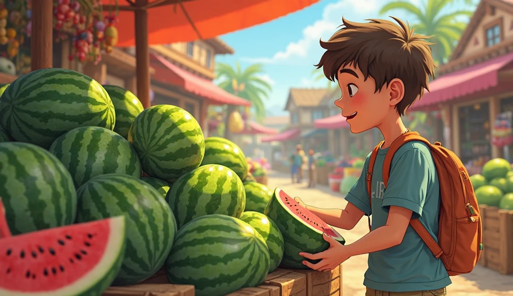 A Market Filled with Watermelons
A bustling village market with colorful fruits and vegetables. A large stack of bright green watermelons is on display. The young student, Sam, is carefully choosing the biggest and juiciest watermelon. animated style