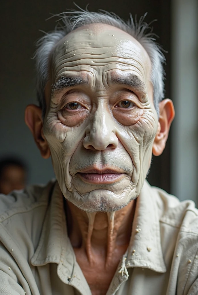 ultra-gloss 3D hyper-realistic, high detailed,  image of a skinny 80-year-old Indonesian man with light caramel skin, wrinkles, slightly bald, neatly trimmed face, bad facial skin, standing next to the rocky of shore, looking at viewers. he has a short-shaven black head, wears black-rimmed oversized glasses and kiffeyeh arabian scarf.