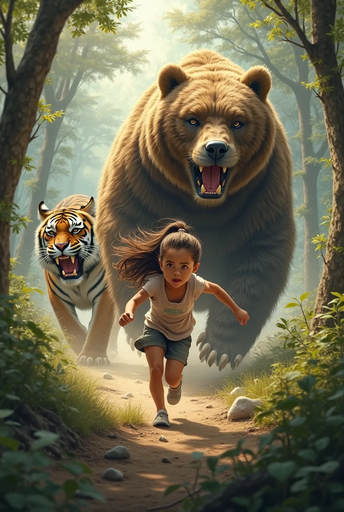a ferocious bear, chasing a 5 year old girl, wearing a pink dress.(light spot) 8k realistic image. --auto --s2