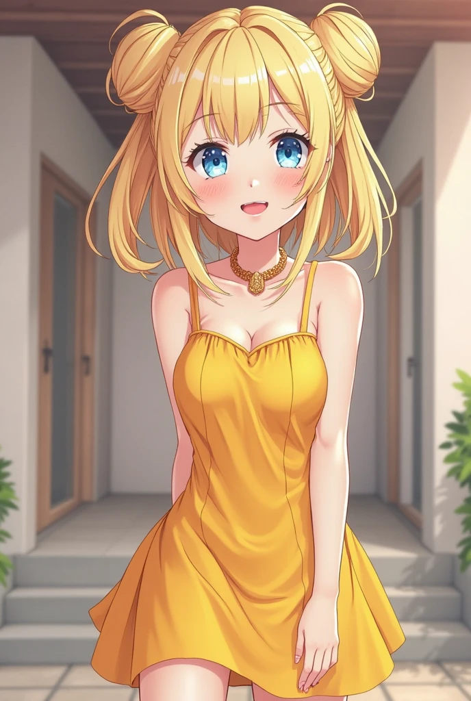 ((highest quality)), ((masterpiece)), Perfect Face,woman,14 years old,room,(((Yellow Dress))),Laughing with your mouth open((Amber Eyes)),((Beautiful waist-length blonde hair)),((Girl's body type)),Smiling Face,(Hands outstretched out here),