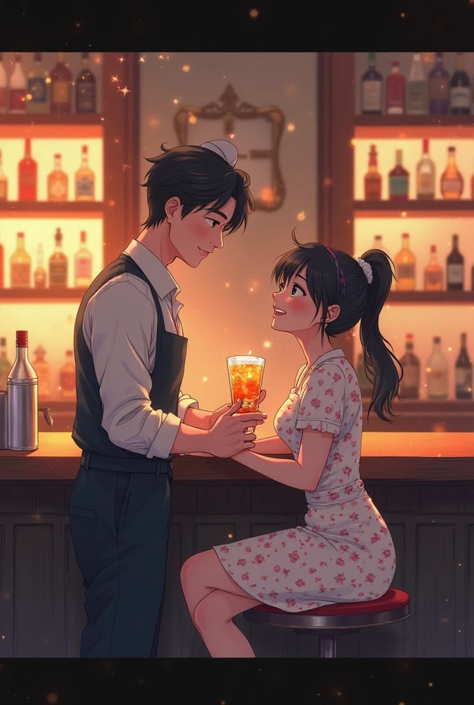 A woman in a red dress (long black hair, pretty,) at a bar, kissing a man in short black sleeves (short hairstyle on the side, high cold).