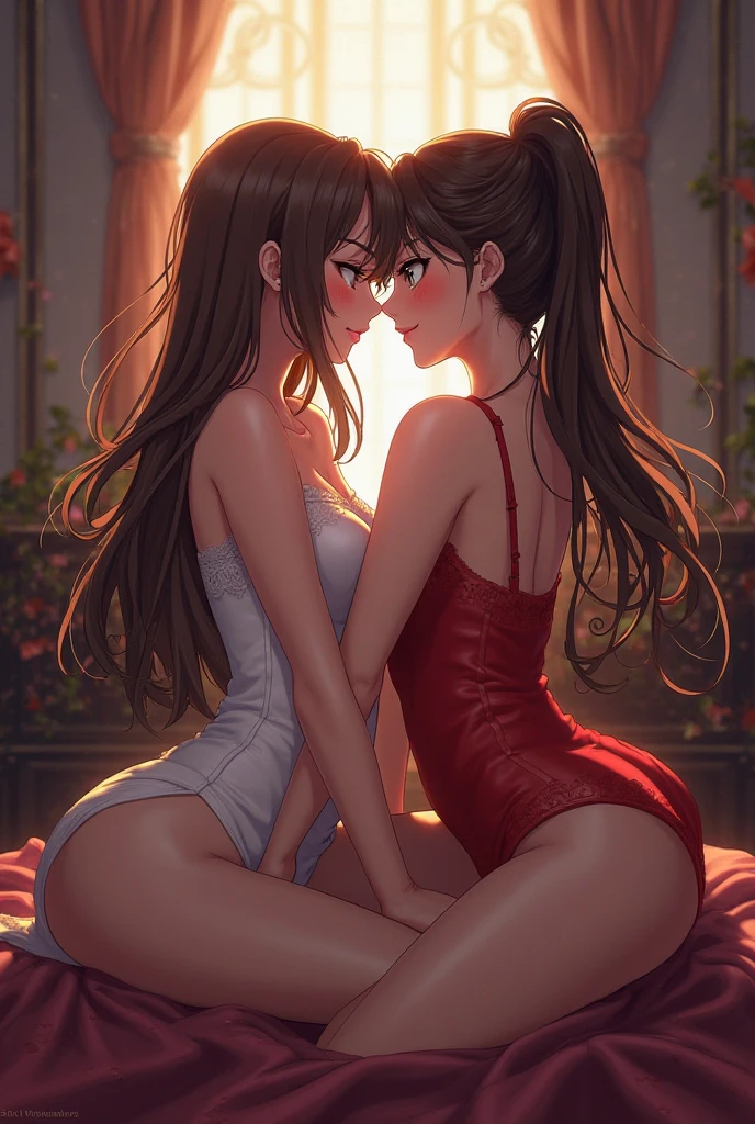 Two woman, hugging, red lingerie, white lingerie, rubbing, looking at camera, ponytail, wolfcut hairstyle