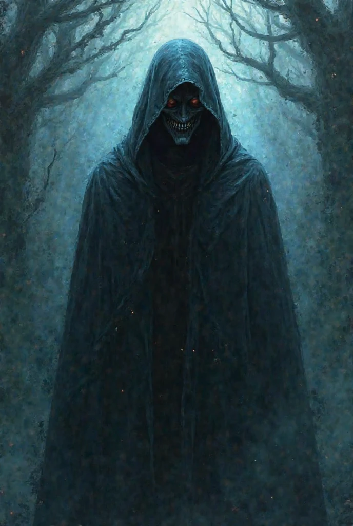 a monster in the woods, hidden by night, triangular shaped head, long patchy hair across entire body, lanky, really long torso, on all fours, staring at you, 4 bright white eyes, hidden in shadows, in the woods at night, horrifying encounter, cryptid, shrouded entirely in darkness