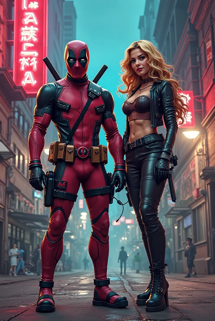 Deadpool in city with neon light in night. And with some sexy gurls