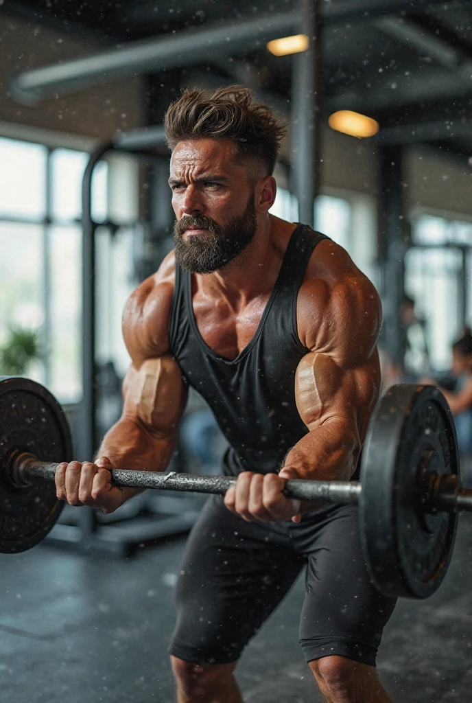 A bearded man wearing workout clothes is training in the room.