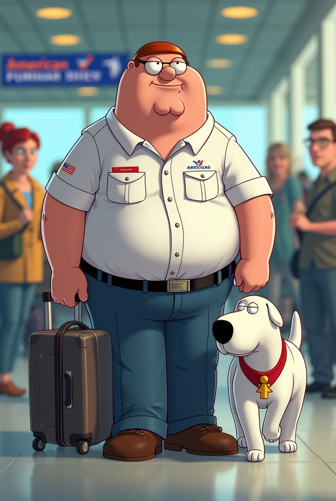 Peter griffin in American Airlines uniform traveling with His dig Brian, Brian is a white dog