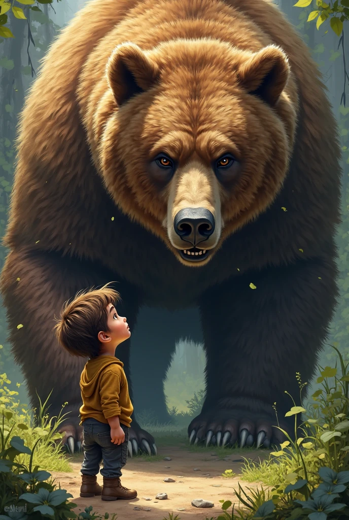 a grizzly bear, detailed realistic bear,bear wearing a plain white t-shirt, bear wearing blue cargo shorts, bear standing upright,bear in natural environment,highly detailed bear fur,realistic textures,photorealistic,detailed facial features,sharp focus,cinematic lighting,vibrant colors,award winning digital art