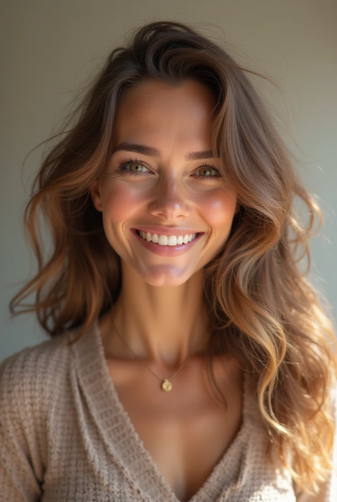 Create a beautiful woman, calm mood, perfect lighting, natural colors, long caramel hair, messy hair, clear black eyes, 35 years old, natural smile, extremely detailed, real photo, medium shot, large breasts in view, small cleavage