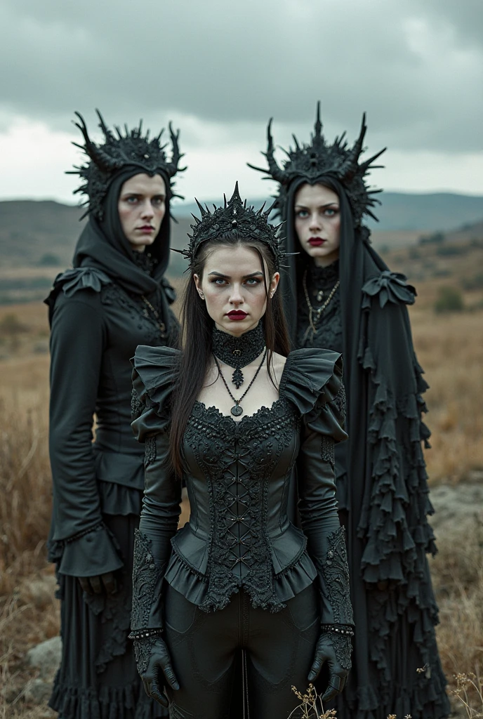 blurred image of three people in costume posing for a photo, goth family, wearing fancy formal clothes, Gothic and futuristic, elegant glamor pose, black leather robes! intrikate, vampre the masquerade, black rococo, gothic horror vibes, black haute couture, FUTURISTIC BLACK, lascivious pose, inspired by Rudolf von Alt, black and white slinky robes!